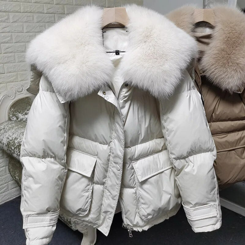 Losse Duck Down Real Fox Fur Collar Parka Puffer Coats