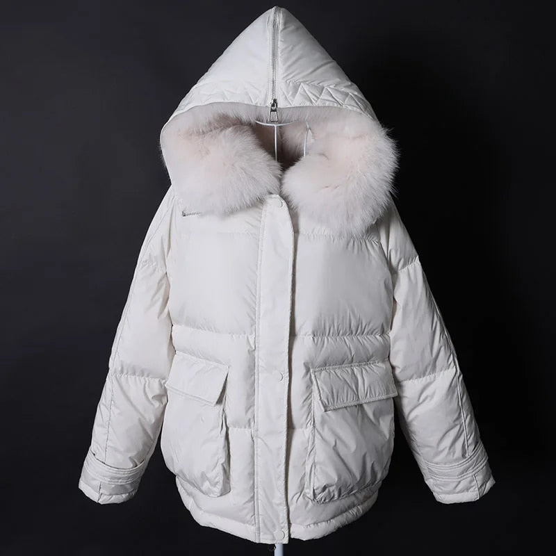 Losse Duck Down Real Fox Fur Collar Parka Puffer Coats