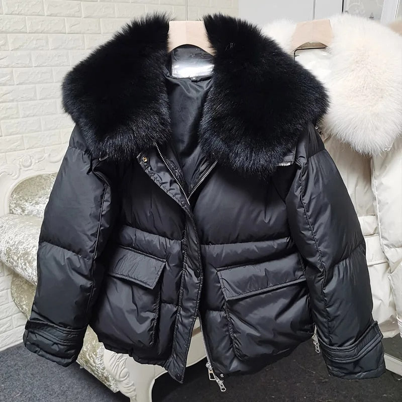 Losse Duck Down Real Fox Fur Collar Parka Puffer Coats