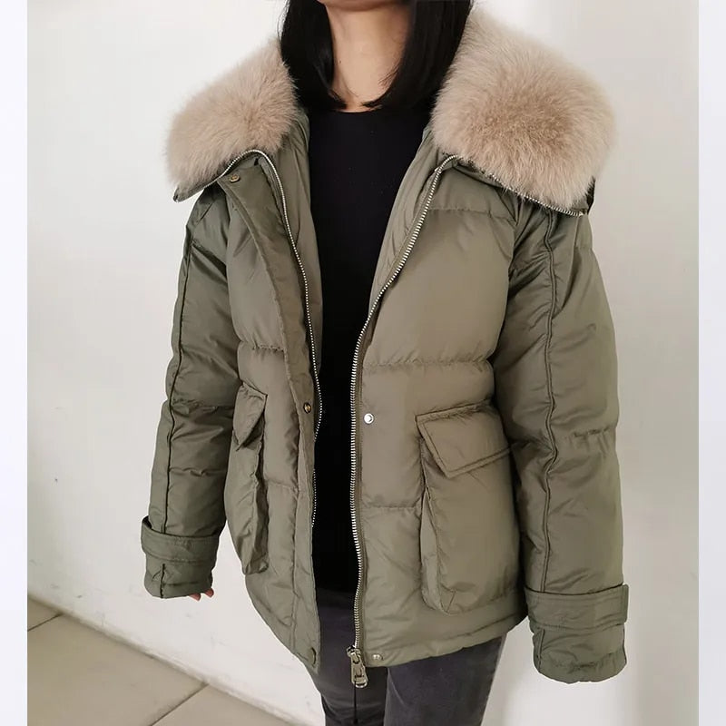 Losse Duck Down Real Fox Fur Collar Parka Puffer Coats