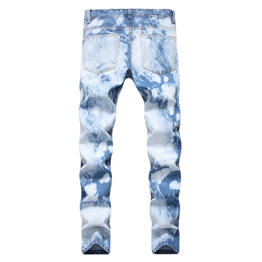 Light Blue Splash Dyed Ripped Straight Jeans