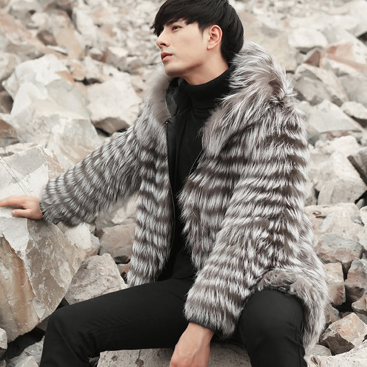 Real Fox Fur Hooded Striped Long Coats