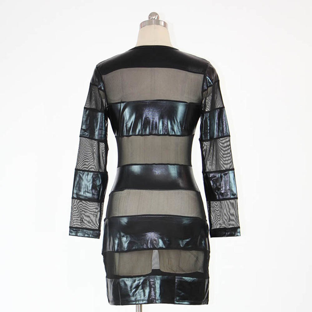Mesh Blockwork Vinyl Black Dress Leather Bodycon Long Sleeve Dress