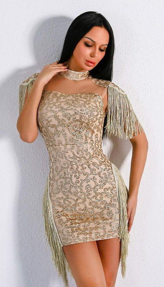 High Neck Sleeveless Shoulder Tassel Glitter Dress