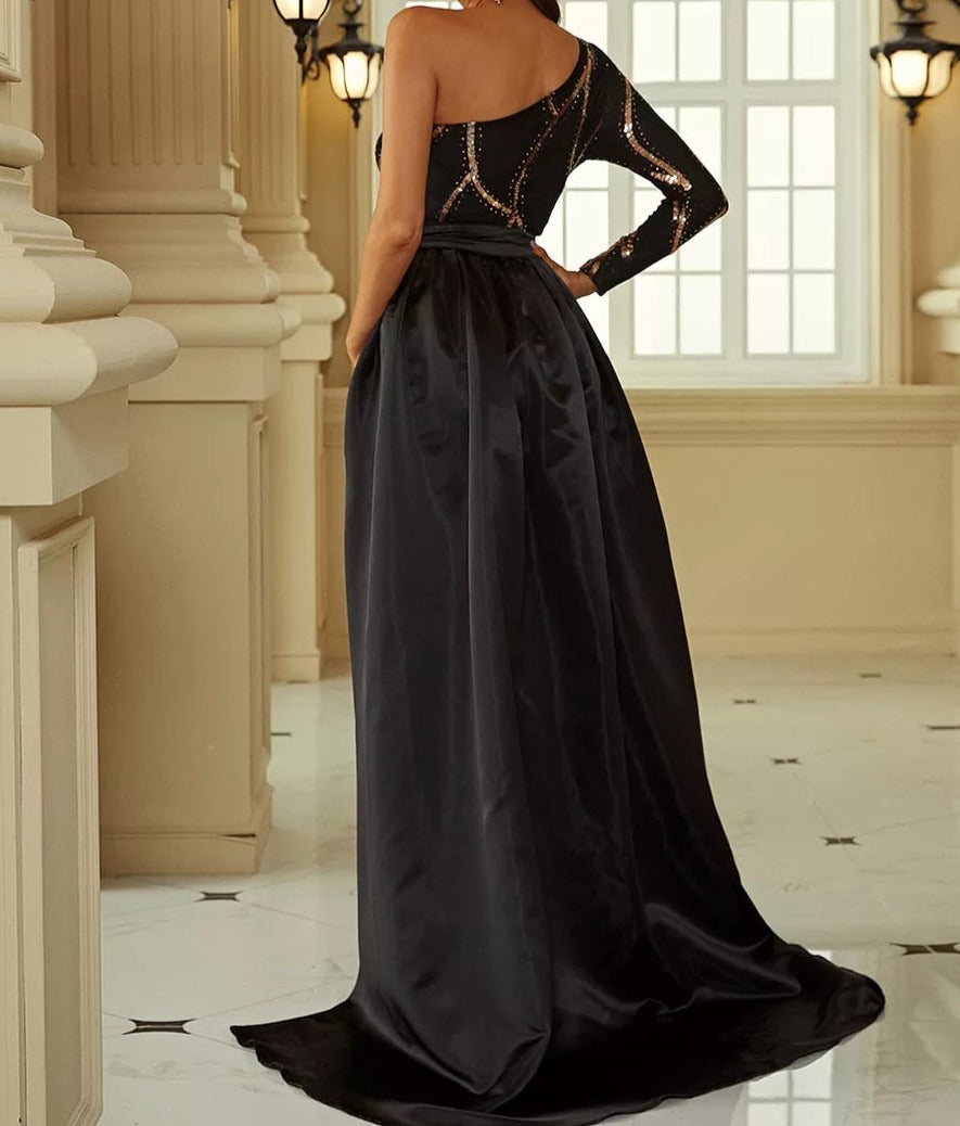 Black Gold Sequin One Shoulder Drape Dress