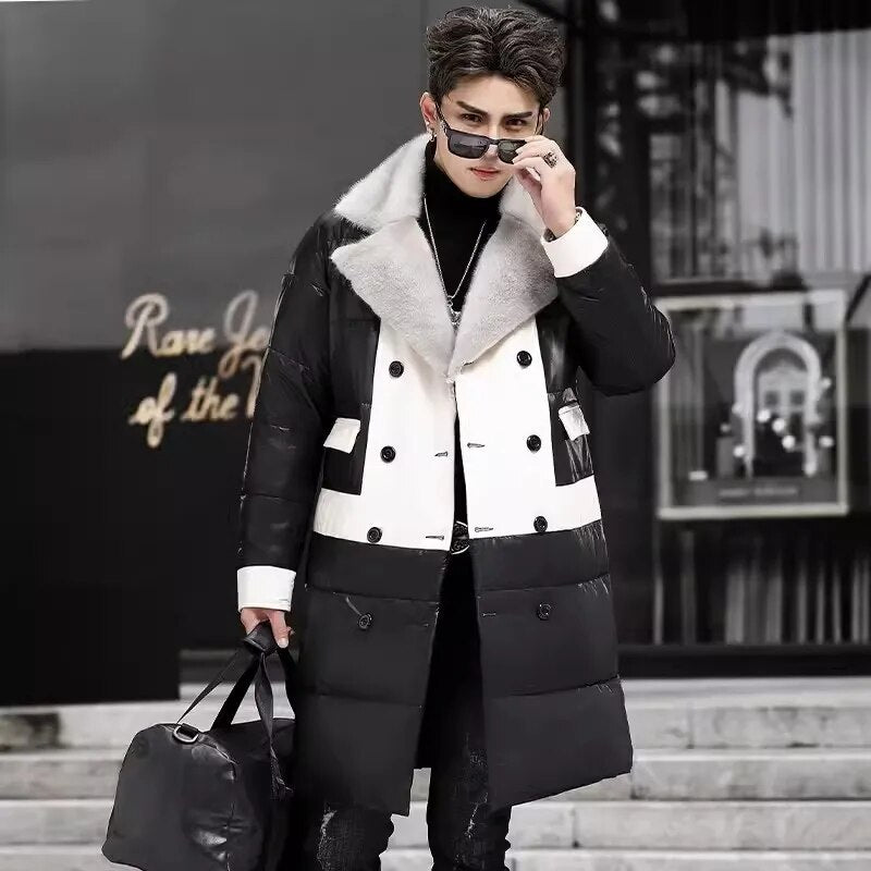 Genuine Leather Long Down Coat Mink Fur Collar