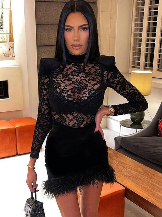 Lace See Through Long Sleeve Mini Dress