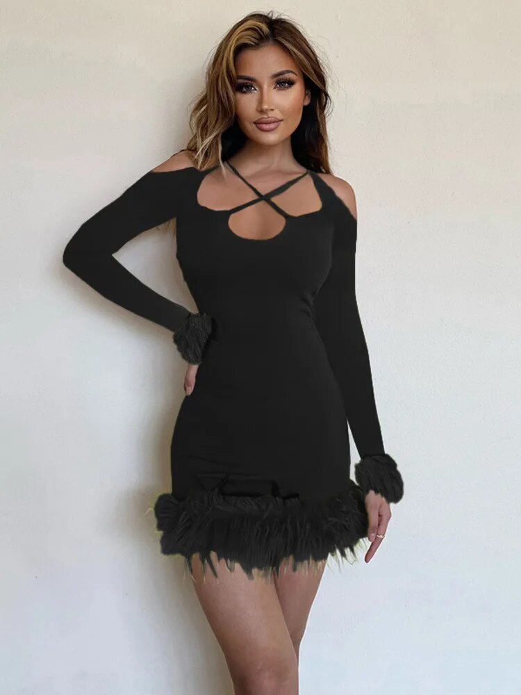 Feather Cuff Long Sleeve & Trim Mini Dresses