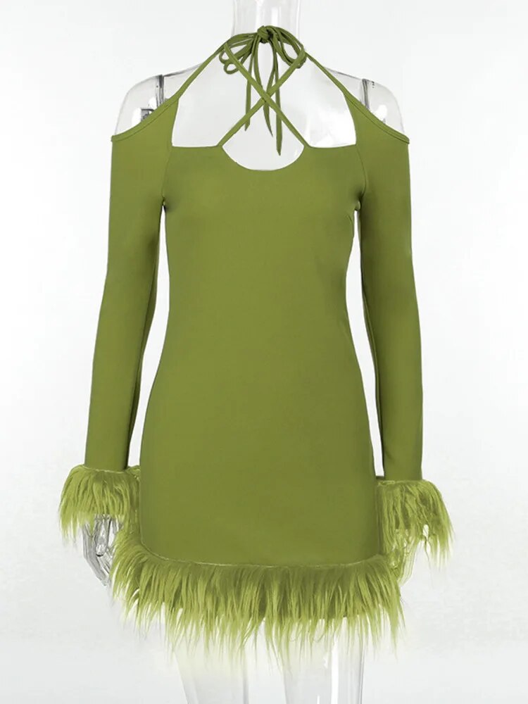Feather Cuff Long Sleeve & Trim Mini Dresses