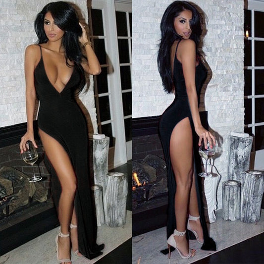 Deep V Sleeveless High Bodycon Maxi Dresses