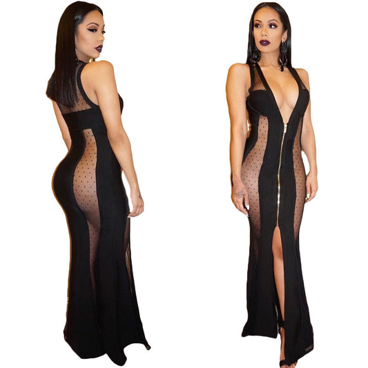 Sleeveless Deep-V Neck See through Mesh Maxi Dress