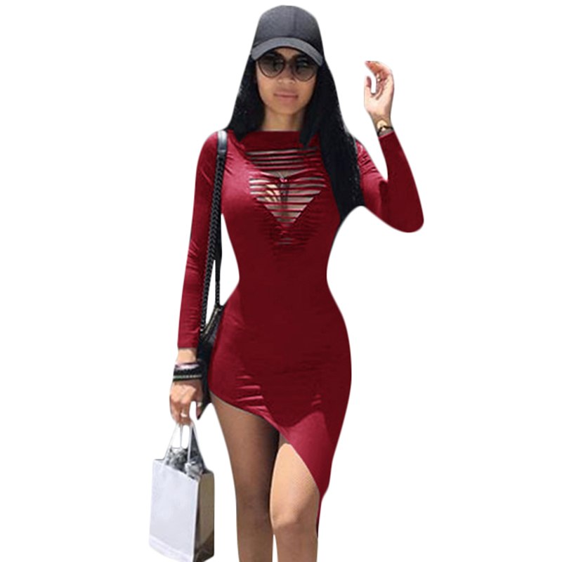 Irregular Long Sleeve Slice Hollow Out Mini Dresses