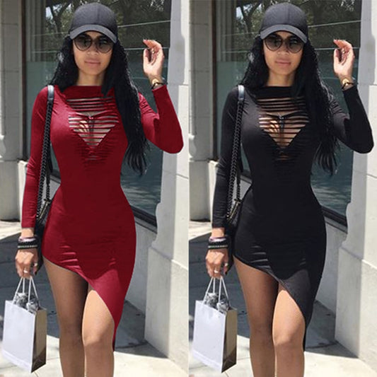 Irregular Long Sleeve Slice Hollow Out Mini Dresses