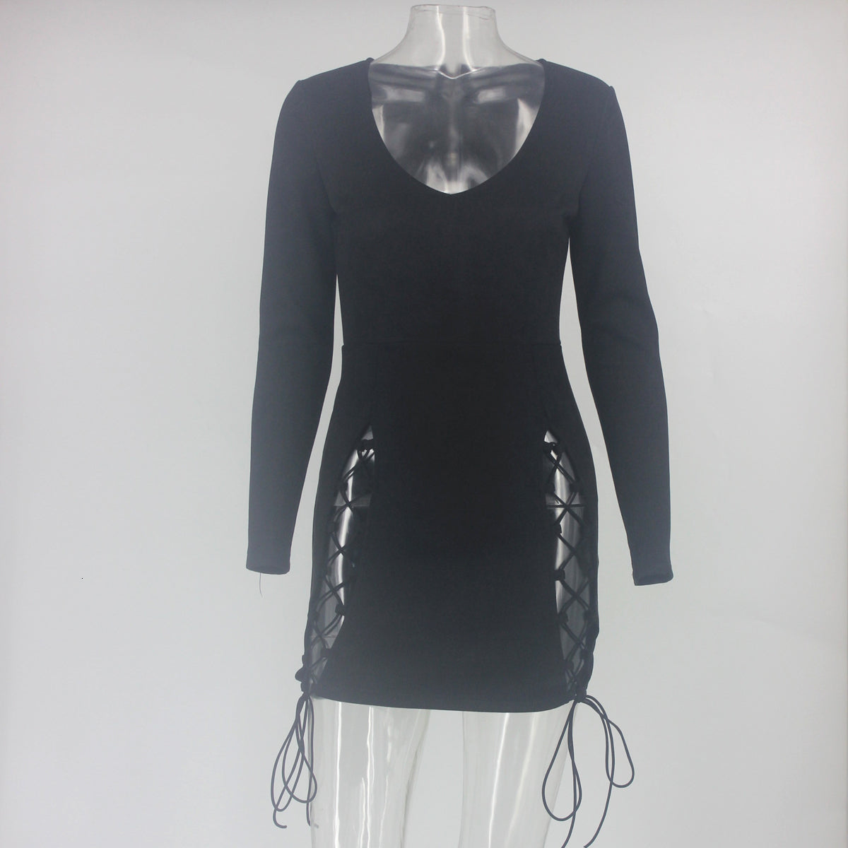 Suede Side Bandage Lace Up Long Sleeve Mini Bodycon Dress