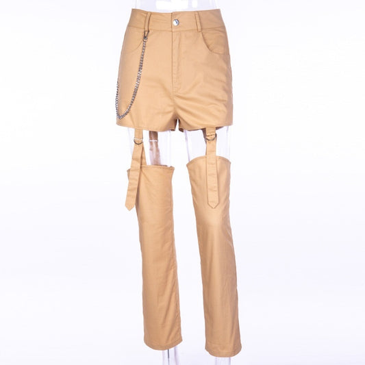 Hollow Cut Out Thigh Strap Cargo Loose Chain Pants