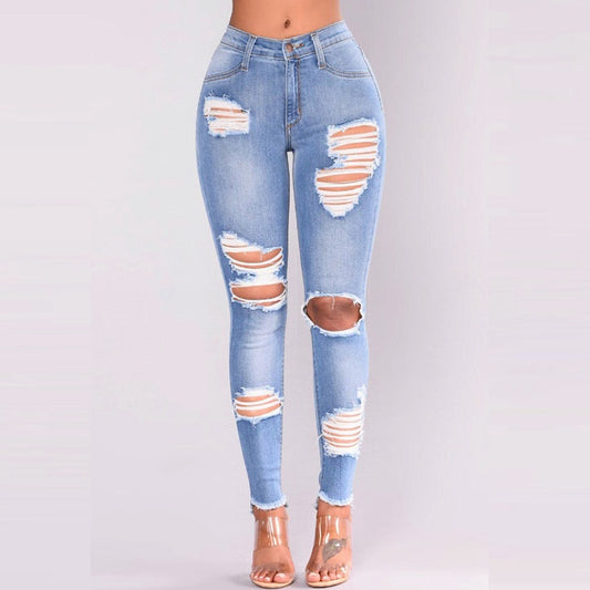 Light Blue High Waist Pencil Multi Ripped Jeans