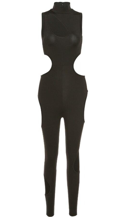 Black Side Cut Out Sleeveless Hollow Turtleneck Jumpsuit