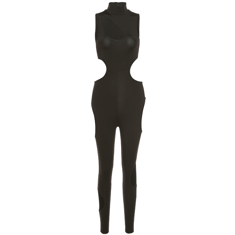 Black Side Cut Out Sleeveless Hollow Turtleneck Jumpsuit