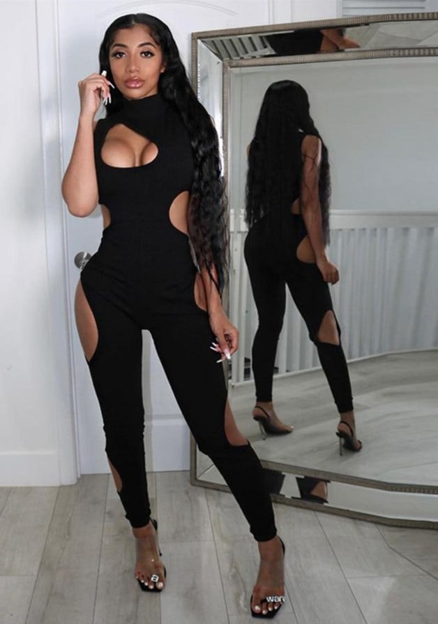 Black Side Cut Out Sleeveless Hollow Turtleneck Jumpsuit