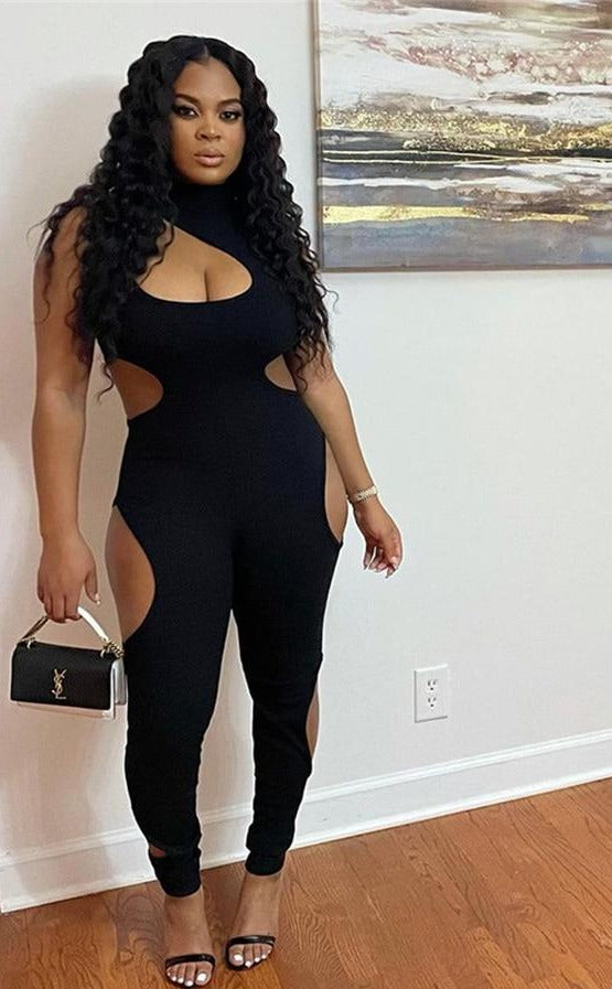 Black Side Cut Out Sleeveless Hollow Turtleneck Jumpsuit