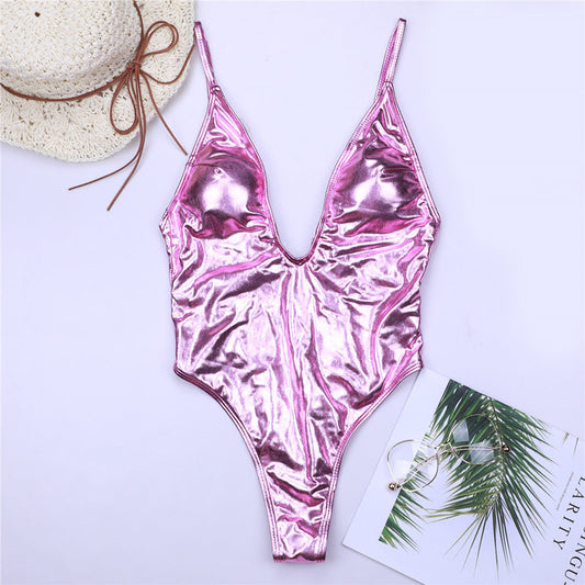 METALLIC SHINY DEEP V BACKLESS ONE PIECE