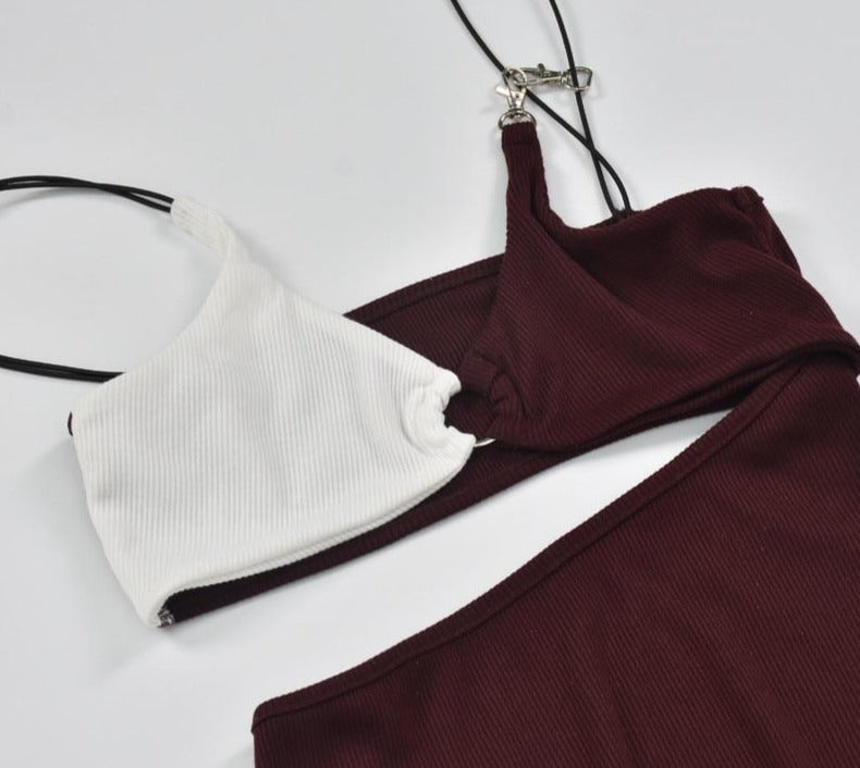 Two Tone Hollow Belly Bodycon Mini Dresses