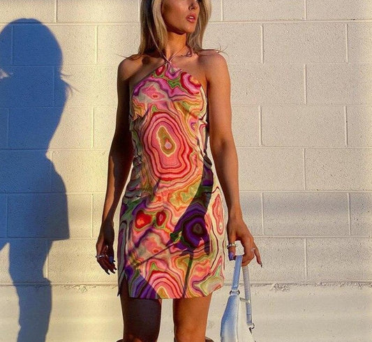 Tie Dye Sleeveless Backless Halter Bodycon Mini Dress