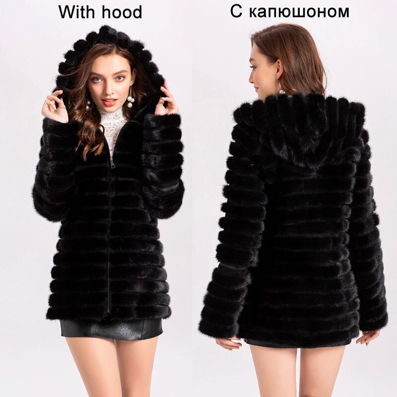 Knitted Natural Real Fur Mink Coats Hooded