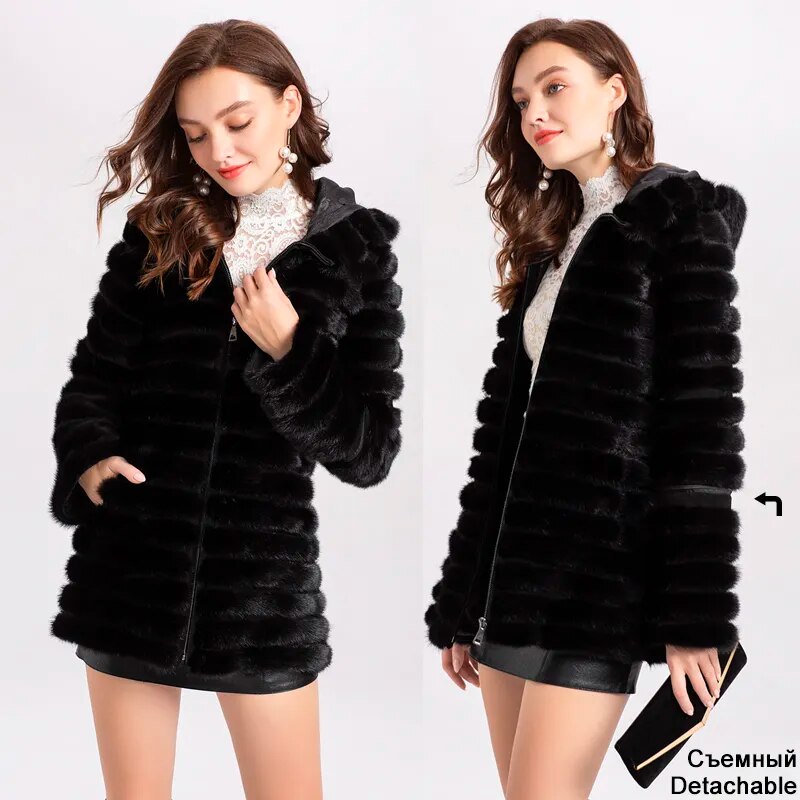 Knitted Natural Real Fur Mink Coats Hooded