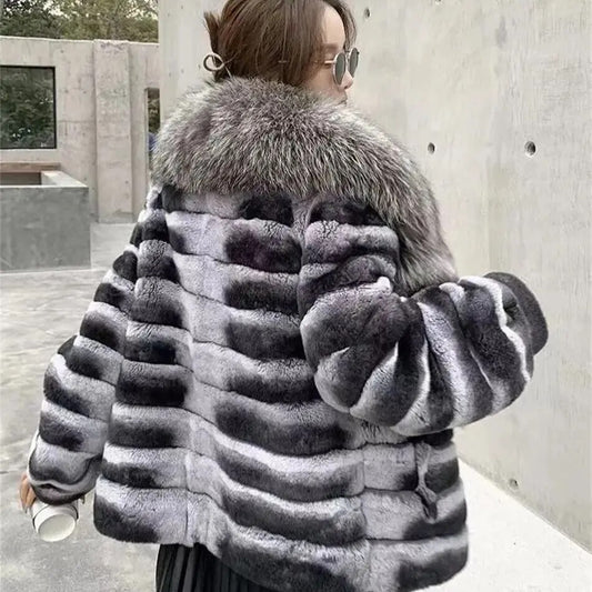 Chinchilla Style Real Rabbit Fur Coat Huge Fur Collar