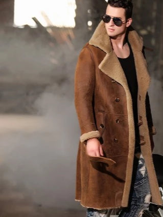 Genuine Leather Sherling Fur Double Breasted Long Coats