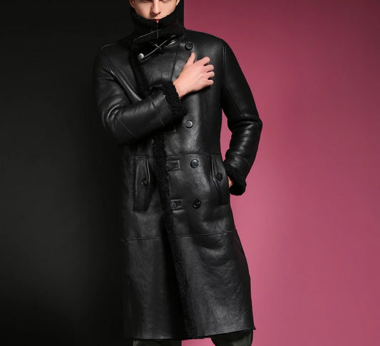 Genuine Leather Sherling Fur Double Breasted Long Coats