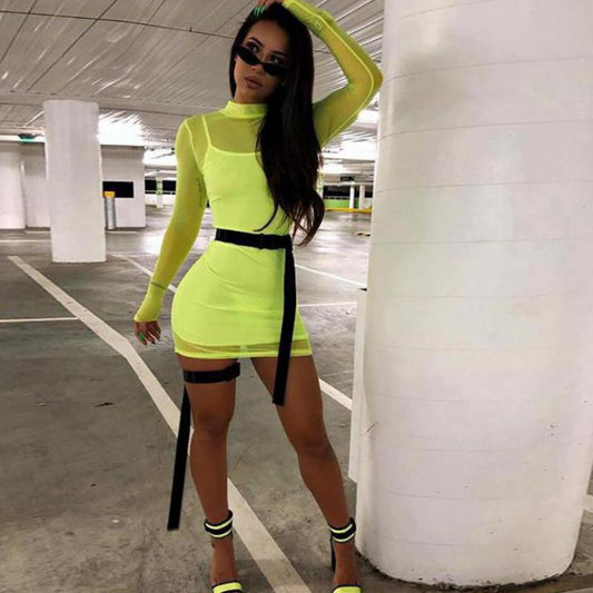 Mesh Long Sleeve Bodycon Mini Dress 2 Pcs Sets