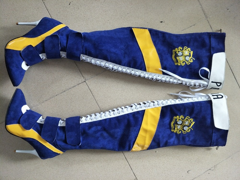 Patchwork Thigh High Lace Up High Heel Boots