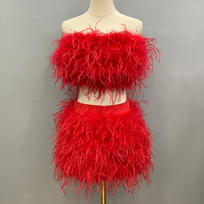 Ostrich Feather Crop Top & Skirts