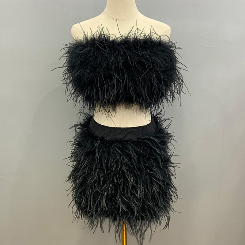 Ostrich Feather Crop Top & Skirts
