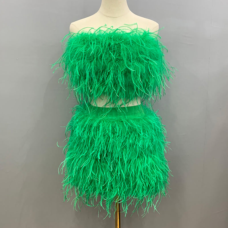 Ostrich Feather Crop Top & Skirts