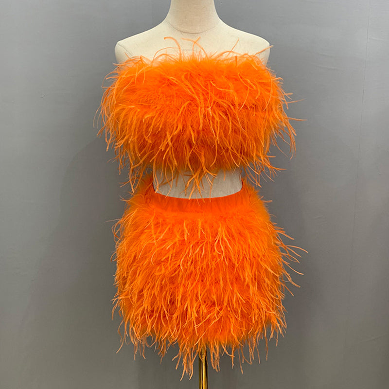 Ostrich Feather Crop Top & Skirts