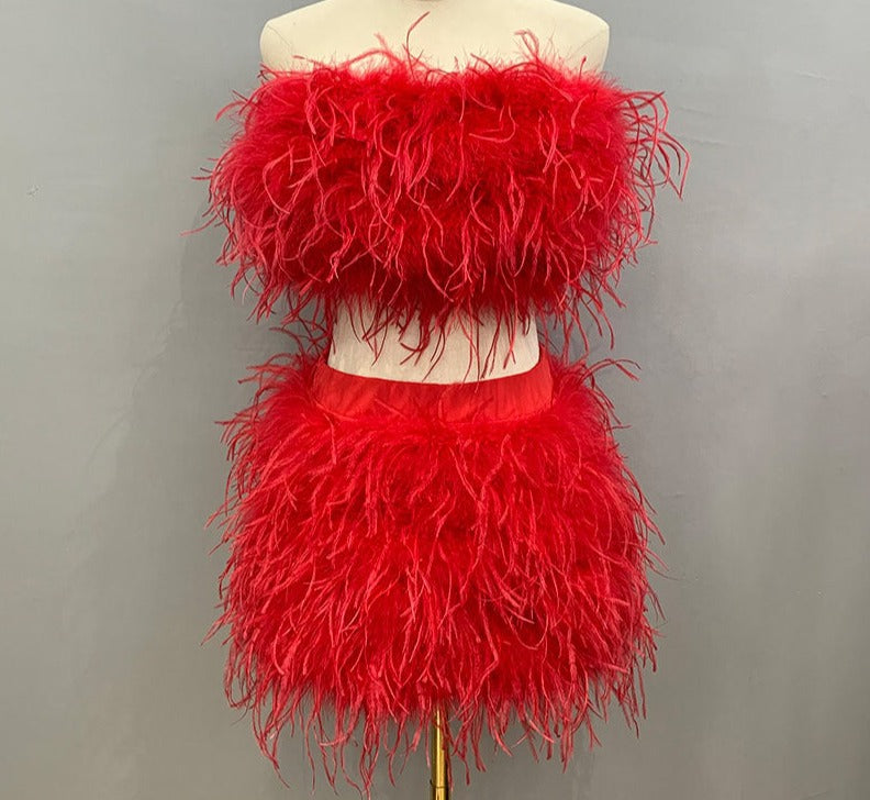 Ostrich Feather Crop Top & Skirts