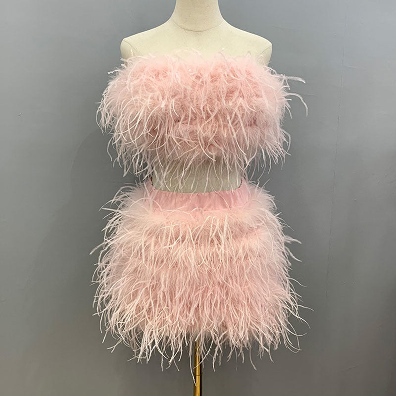 Ostrich Feather Crop Top & Skirts