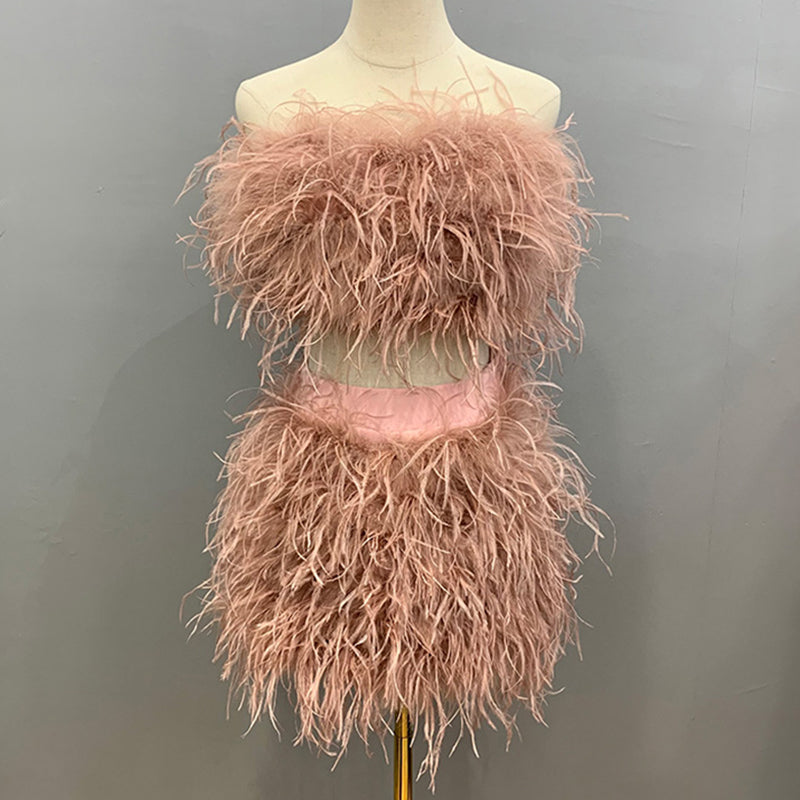 Ostrich Feather Crop Top & Skirts