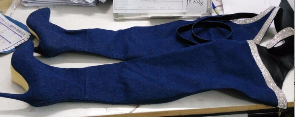 DENIM CRYSTAL WAIST BELT MID-THIGH HIGH HEEL BOOTS