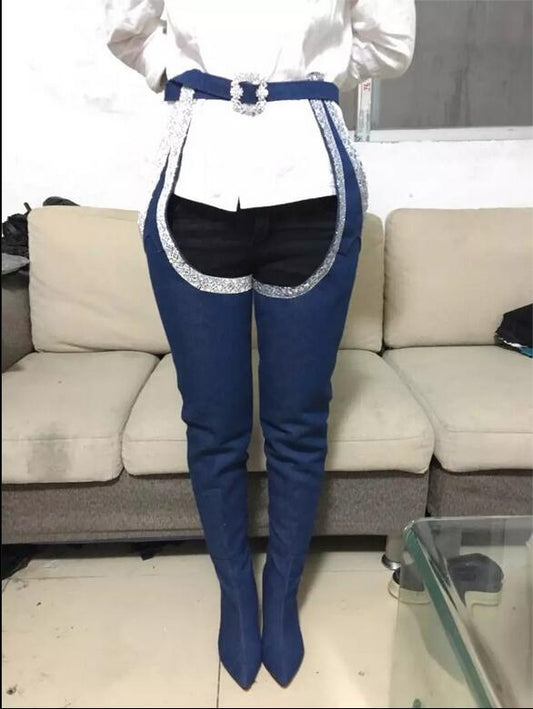 DENIM CRYSTAL WAIST BELT MID-THIGH HIGH HEEL BOOTS
