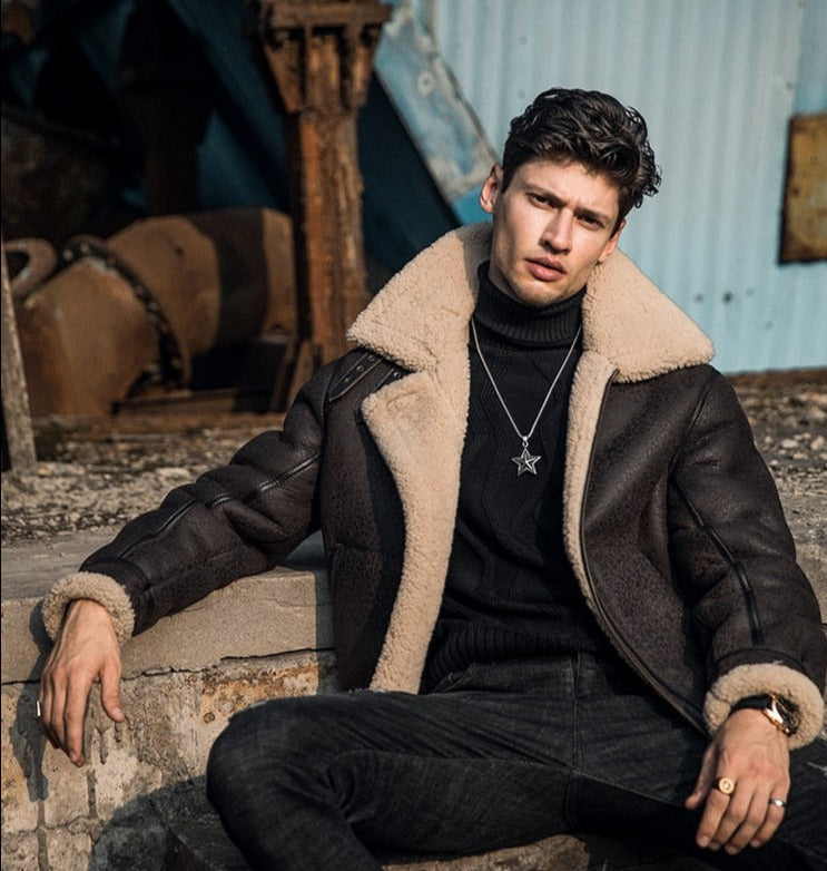 Genuine Leather Coat Shearling Lining Tall Collar