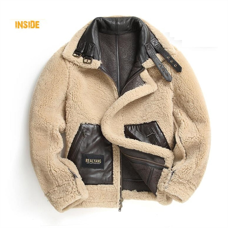 Genuine Leather Coat Shearling Lining Tall Collar