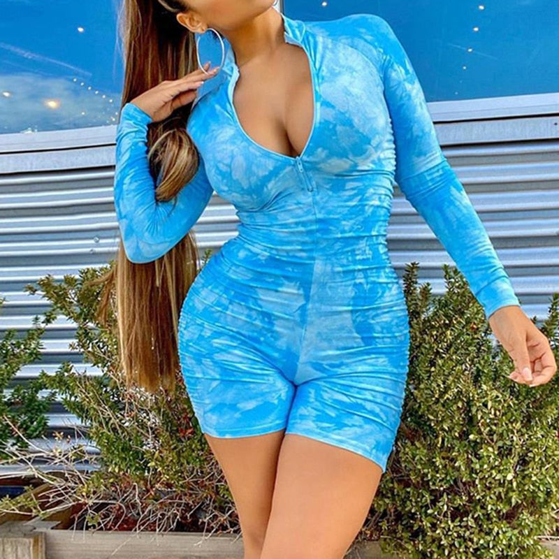 Tie Dye Long Sleeve Ruched Romper
