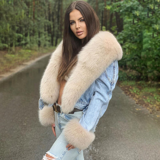 Real Fox Fur Collar & Cuffs Short Denim Jackets