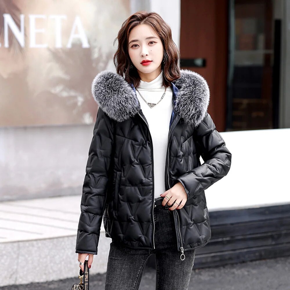 Leather Jackets Duck Down Real Fur Hood