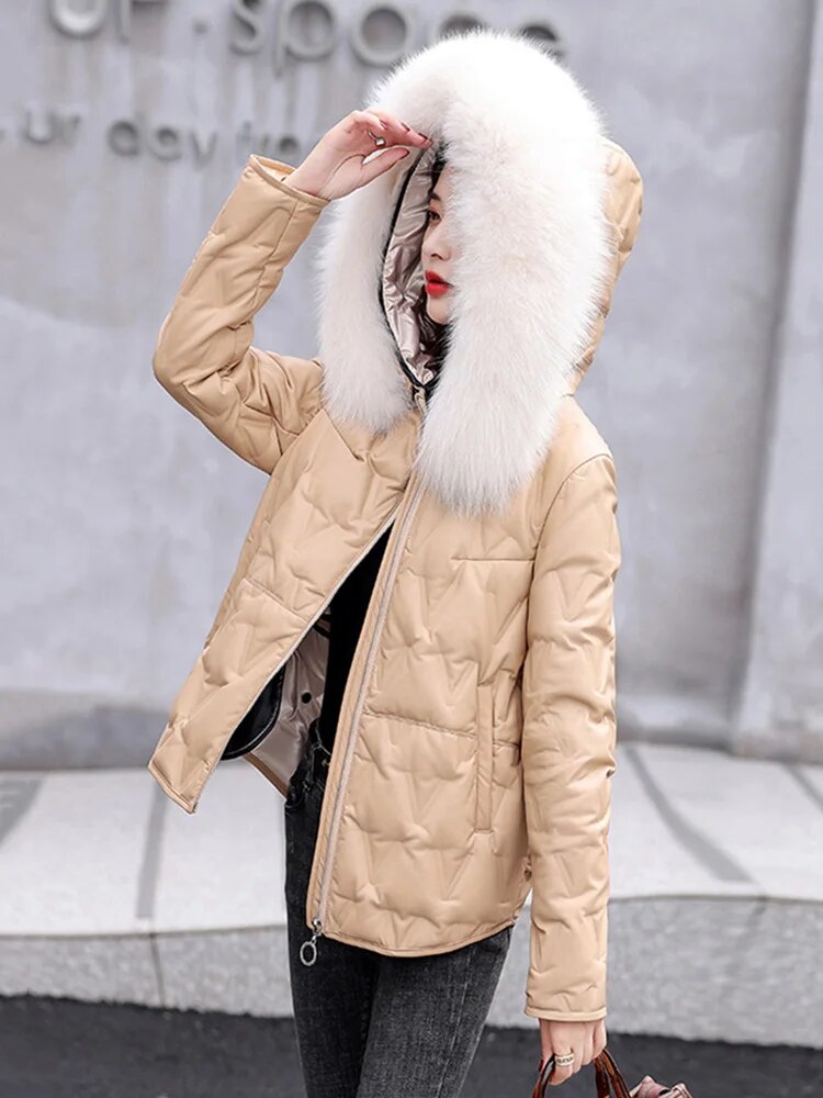 Leather Jackets Duck Down Real Fur Hood