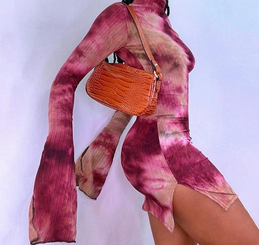 Tie-Dye Print Petal Sleeve Half-High Collar Dresses